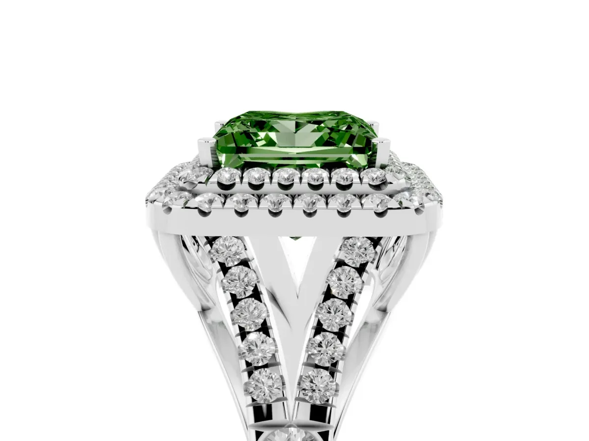 Fancy Green Princess Cut Cut Double Halo Split Shank Diamond Ring with Prong Setting Platinum