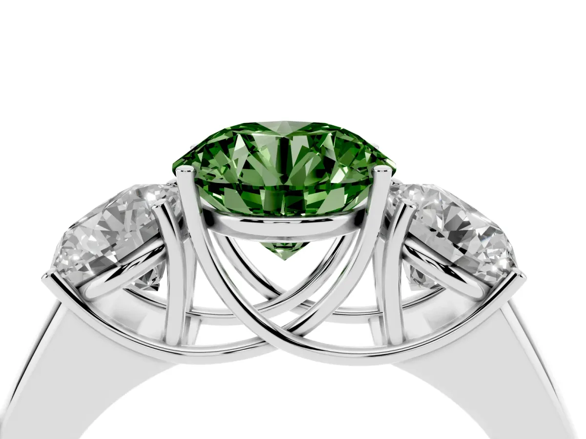 Fancy Green Three-Stone Round Cut Cut Diamond Ring with Prong Setting and Classic Band Silver