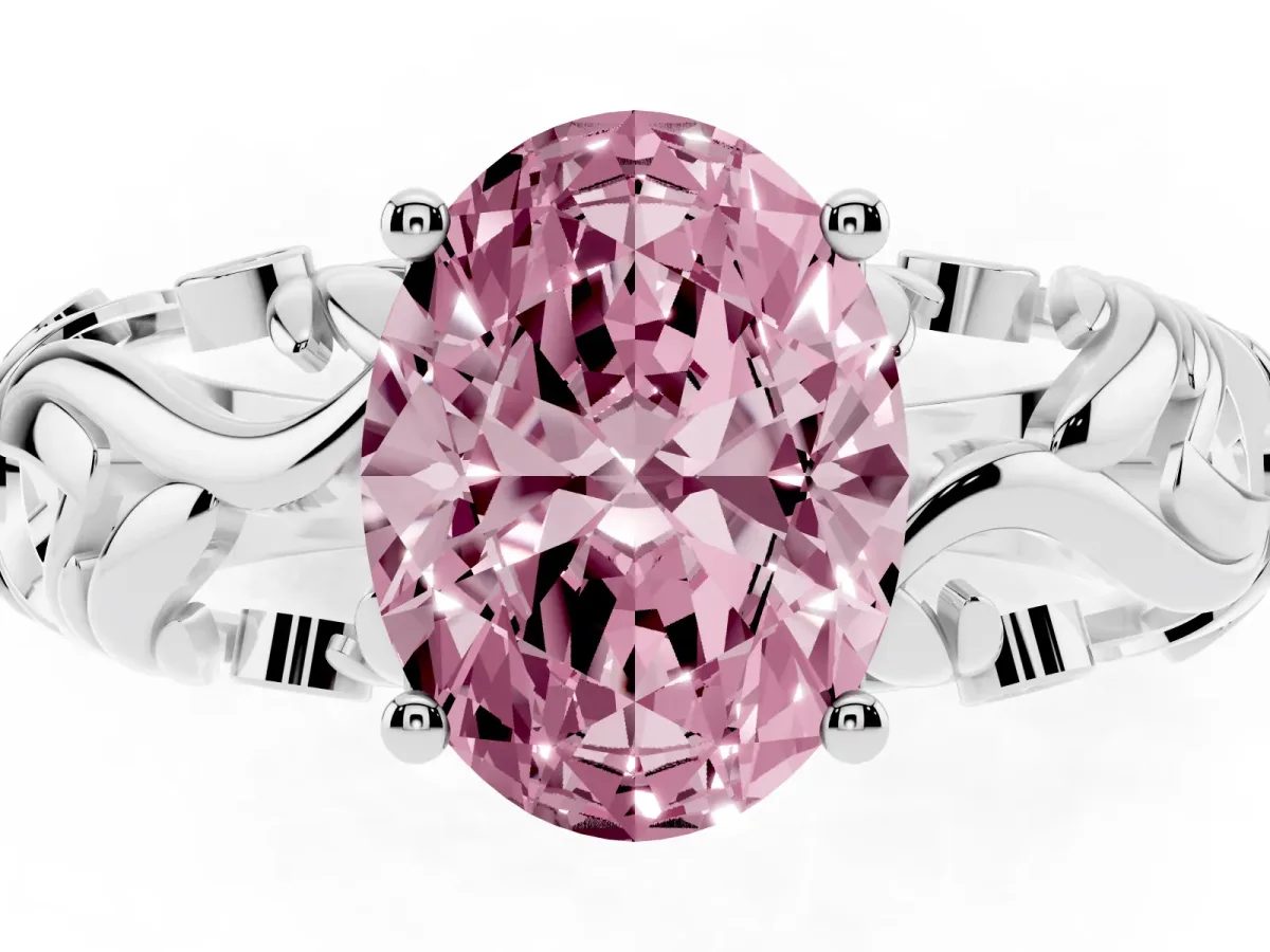 Fancy Pink Oval Cut Solitaire Diamond Leaf-Inspired Vine Band Ring with Prong Setting Silver