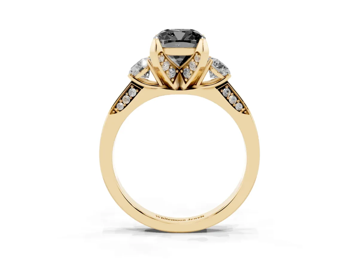 Fancy Black Cushion Cut Brilliant Three-Stone Diamond Ring with Pavé Band and Four-Prong Setting Yellow gold