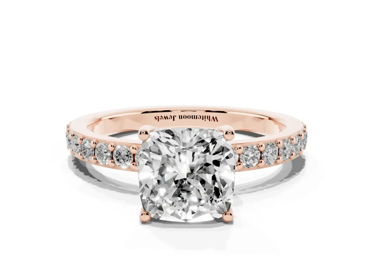 Cushion Cut Cut Diamond Solitaire with Pave Band and Four-Prong Setting Rose gold