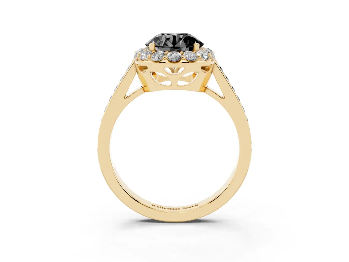 Fancy Black Round Cut Diamond Floral Halo Ring with Pavé Band and Prong Setting Yellow gold