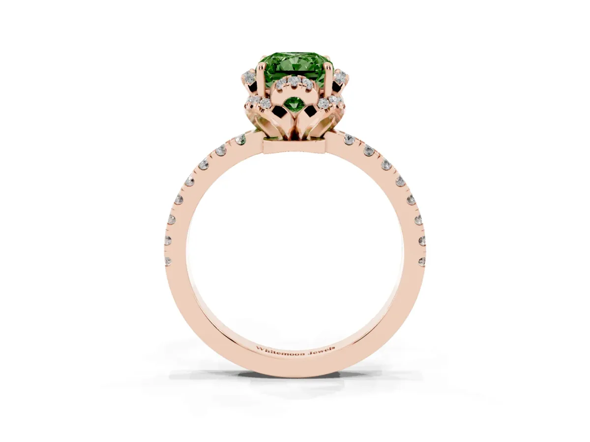 Fancy Green Radiant Cut Diamond Halo Pave Band with Four-Prong Setting Rose gold