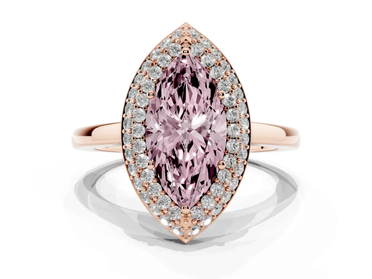 Fancy Pink Marquise Cut Halo Diamond Engagement Ring with Solitaire Band and Four-Prong Setting Rose gold