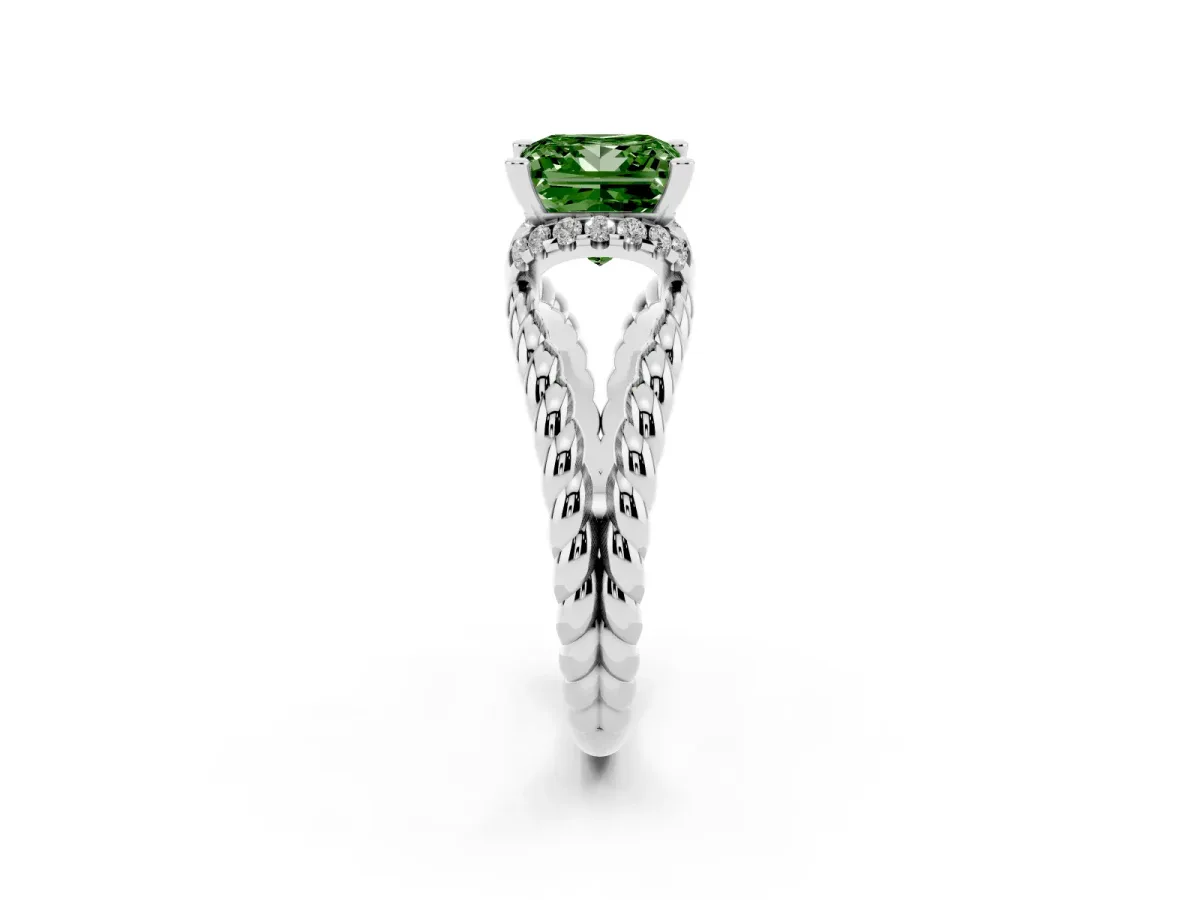 Fancy Green Princess Cut Halo Twisted Band Four-Prong Ring White gold