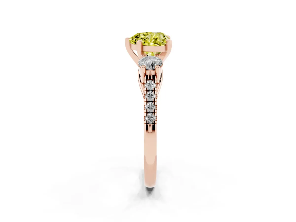 Fancy Yellow Three-Stone Heart Cut Diamond Pavé Band with Four-Prong Setting Rose gold