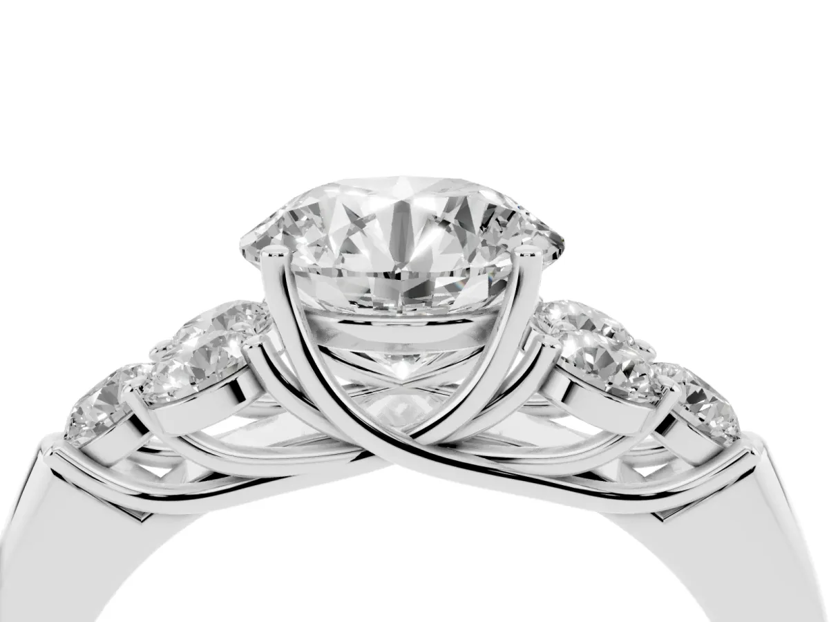 Round Cut Cut Diamond Cluster Ring with Round Accent Stones and Prong Setting on a Classic Band Silver