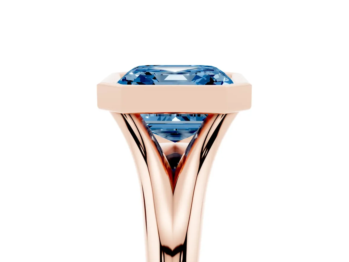 Fancy Blue Bezel Set Asscher Cut Solitaire Diamond Ring with Smooth Band Rose gold