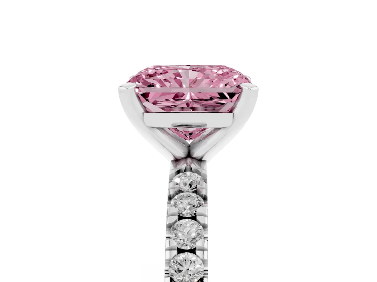 Fancy Pink Radiant Cut Diamond Pavé Band Solitaire with Four-Prong Setting Silver