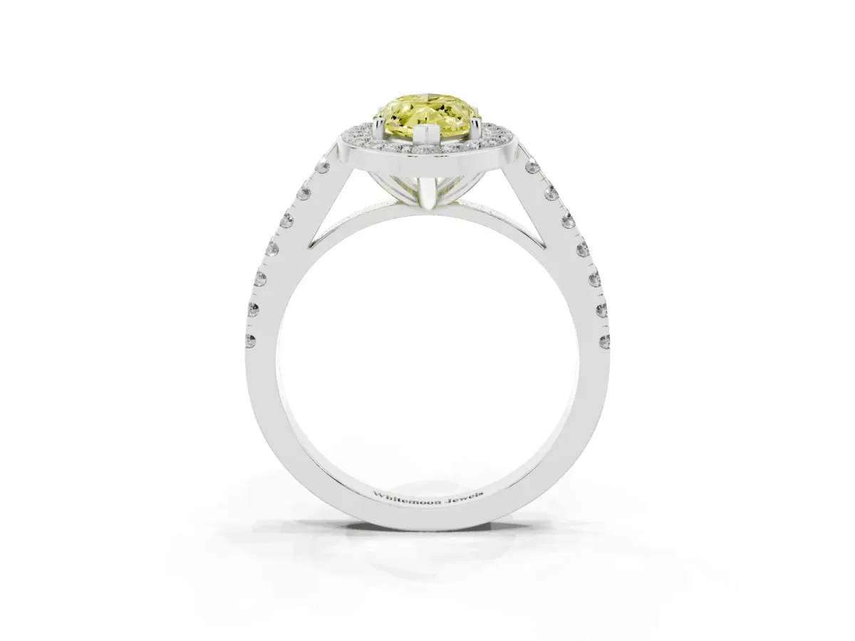 Fancy Yellow Marquise Cut Diamond Halo Ring with Round Pavé Split Shank and Prong Setting White gold