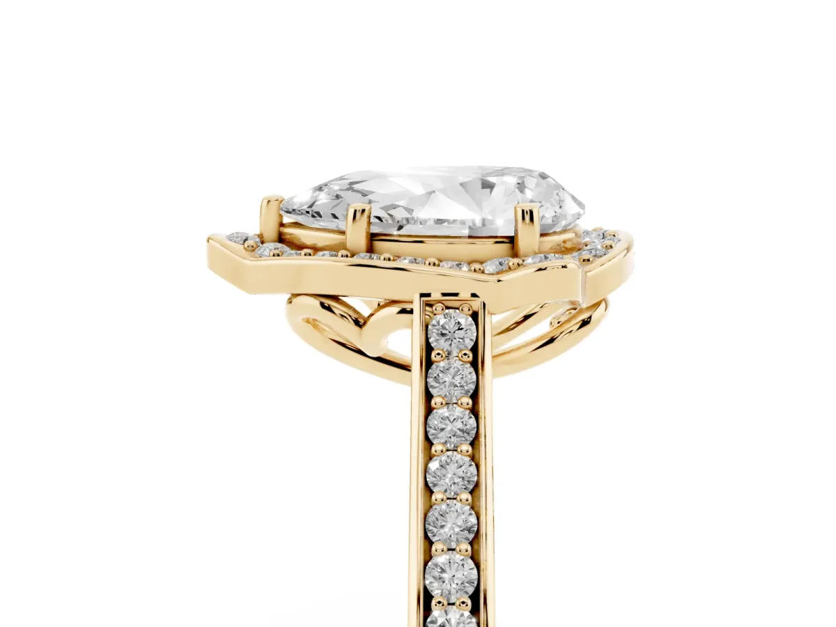 Pear Cut Halo Round Diamond Pave Band with Four-Prong Setting Yellow gold