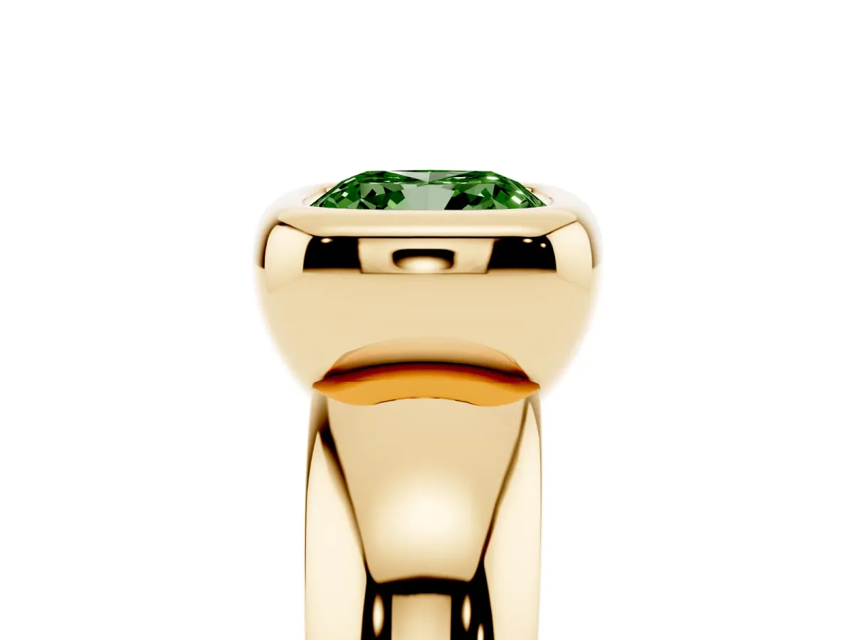 Fancy Green Bezel Set Cushion Cut Solitaire Ring with Wide Band Yellow gold
