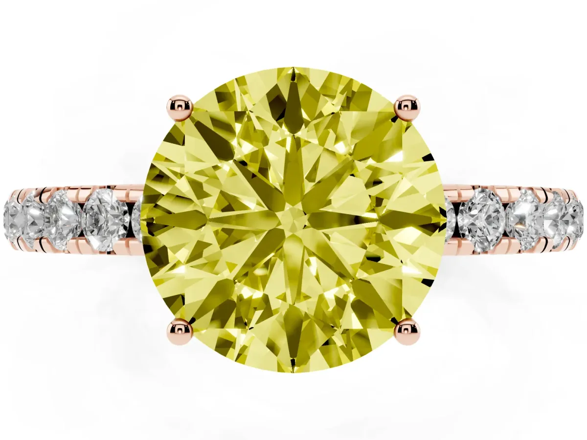 Fancy Yellow Round Cut Diamond Pavé Solitaire Engagement Ring with Four-Prong Setting Rose gold
