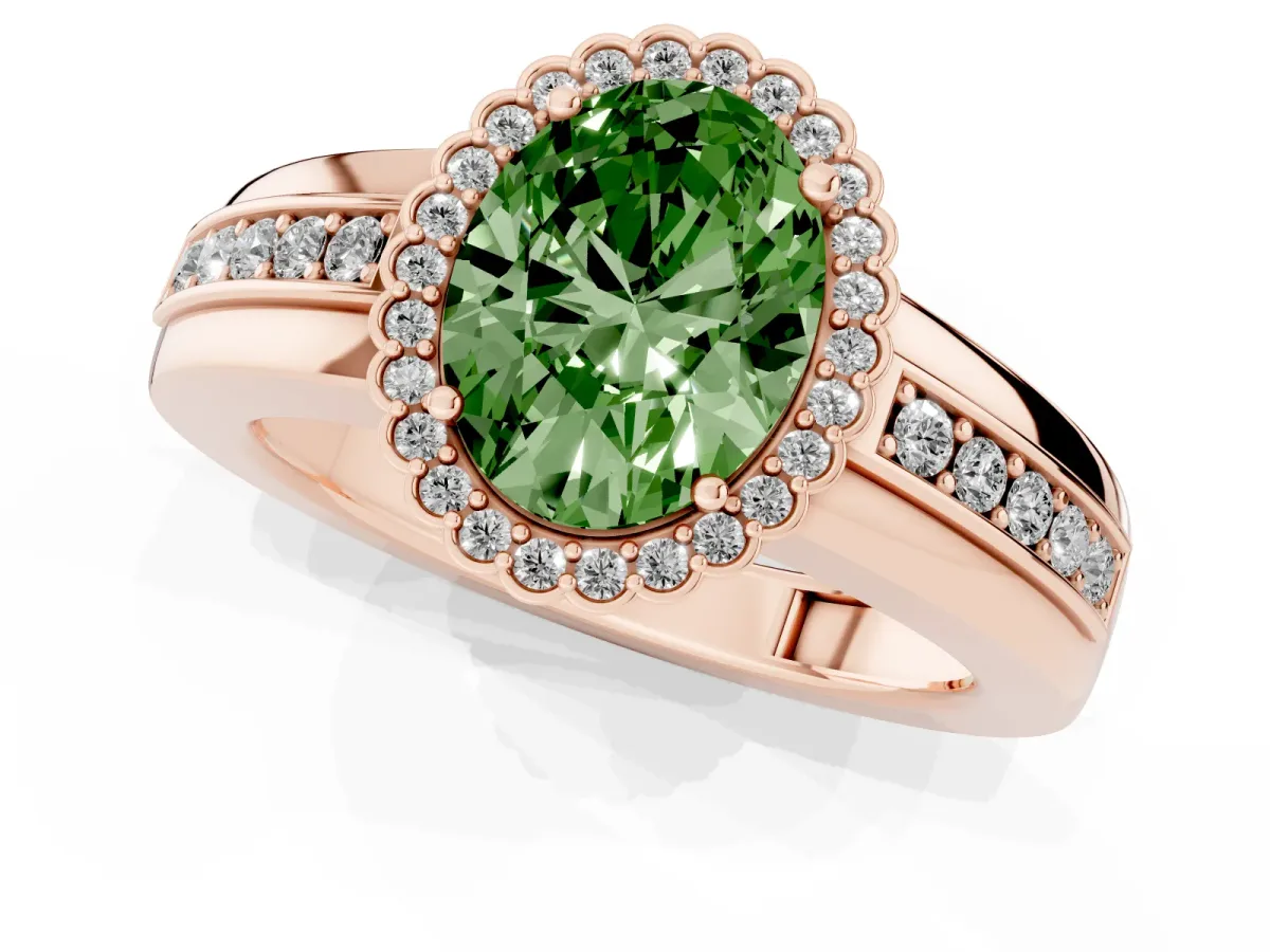 Fancy Green Oval Cut Cut Halo Pave Band Four-Prong Ring Rose gold
