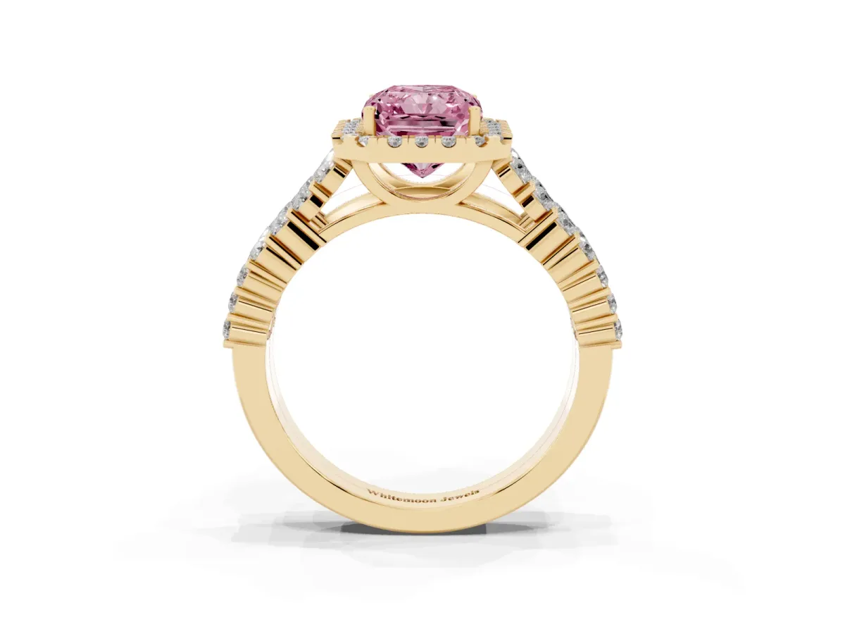 Fancy Pink Radiant Cut Diamond Halo Engagement Ring with Triple Row Round Pavé Band and Prong Setting Yellow gold