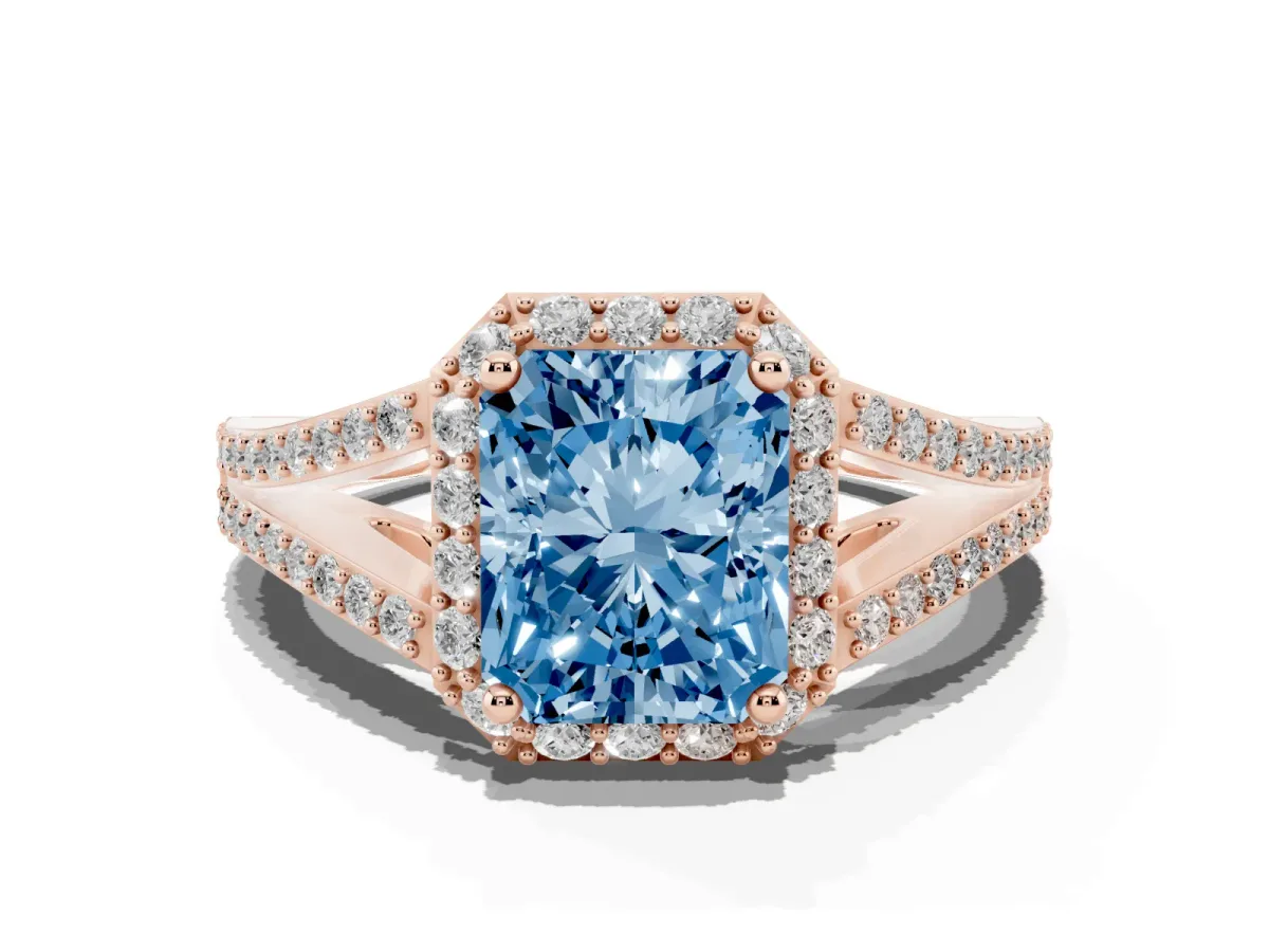 Fancy Blue Radiant Cut Halo Split Shank Pave Diamond Ring with Four-Prong Setting Rose gold