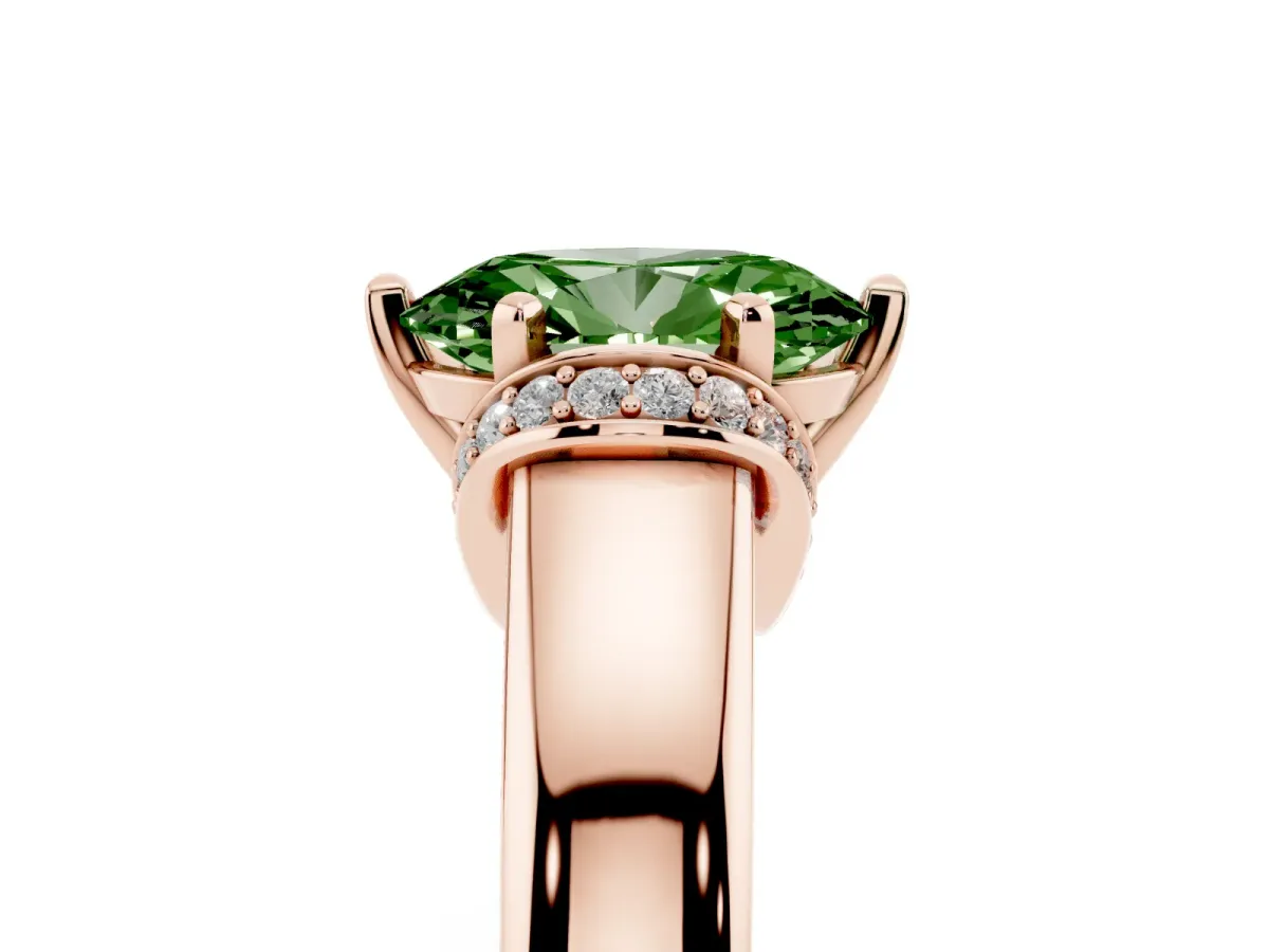 Fancy Green Oval Cut Solitaire Diamond Ring with Pave Band and Six-Prong Setting Rose gold