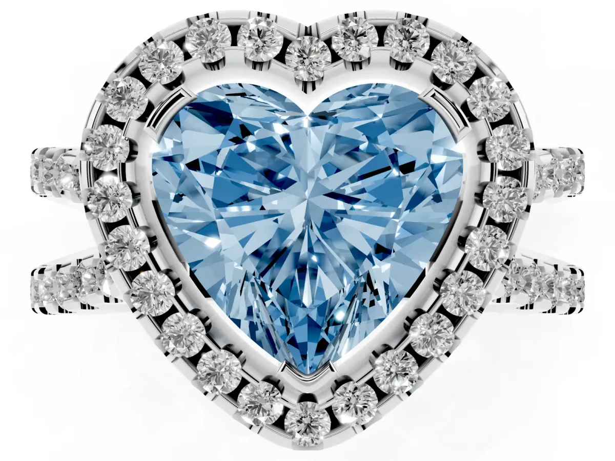 Fancy Blue Heart Cut Diamond Halo Ring with Split Shank Pavé Band and Prong Setting Silver