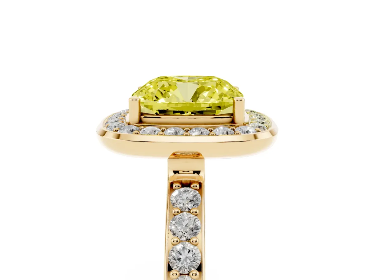 Fancy Yellow Cushion Cut Diamond Halo Ring with Bezel Frame and Pavé Band Yellow gold