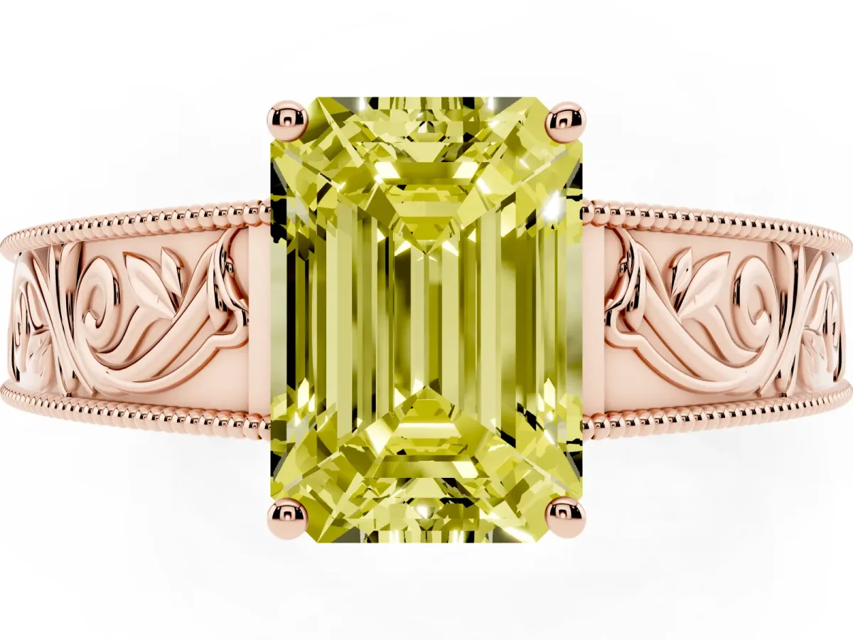 Fancy Yellow Emerald Cut Diamond Solitaire Ring with Engraved Band and Four-Prong Setting Rose gold