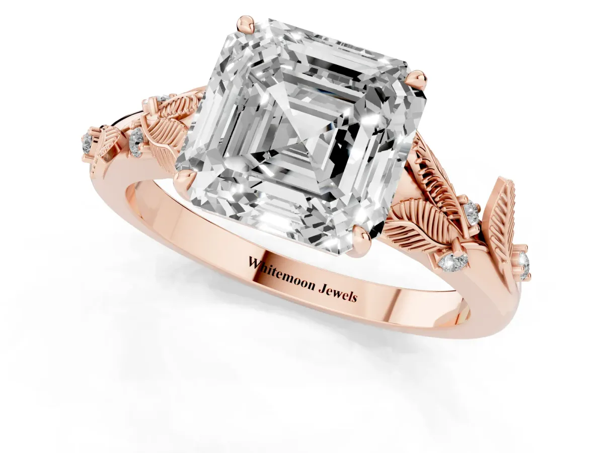 Asscher Cut Diamond Solitaire Ring with Leaf Motif Band and Four-Prong Setting Rose gold