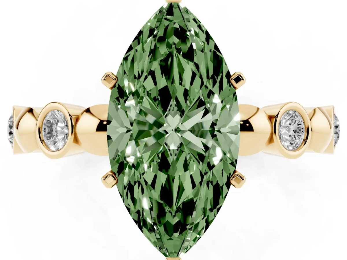 Fancy Green Marquise Cut Solitaire Bezel-Set Diamond Ring with Beaded Band and Four-Prong Setting Yellow gold