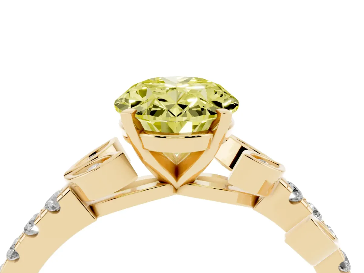Fancy Yellow Oval Cut Solitaire Leaf-Inspired Diamond Ring with Pavé Band and Four-Prong Setting Yellow gold