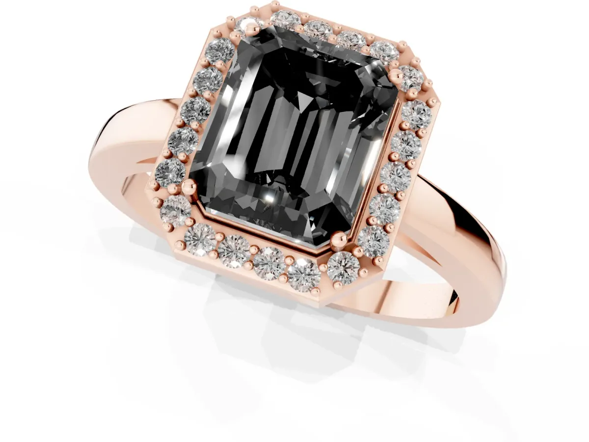 Fancy Black Radiant Cut Halo Diamond Ring with Solitaire Band and Prong Setting Rose gold