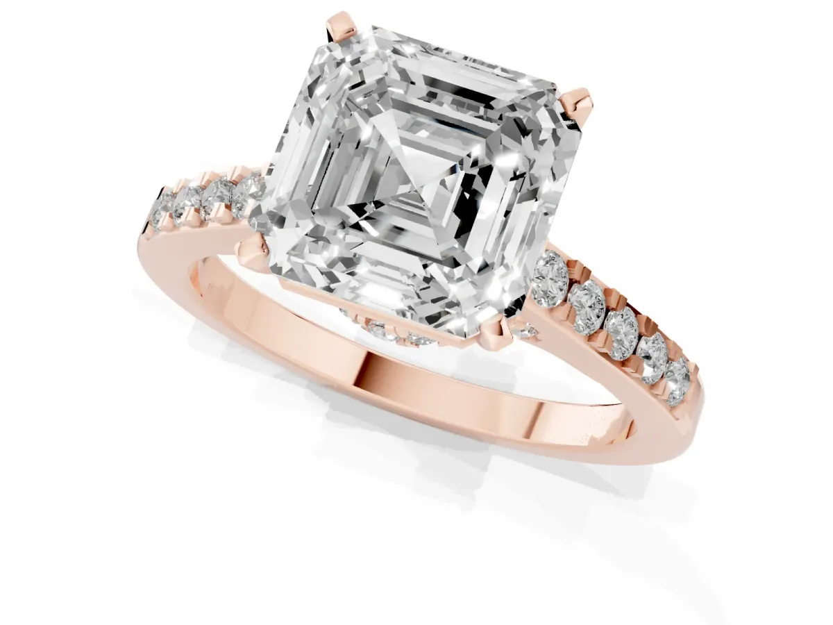 Asscher Cut Diamond Solitaire Ring with Crossover Gallery and Round Pavé Band Rose gold