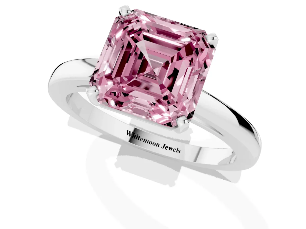 Fancy Pink Asscher Cut Solitaire Diamond Engagement Ring with Four-Prong Setting on a Classic Band Platinum
