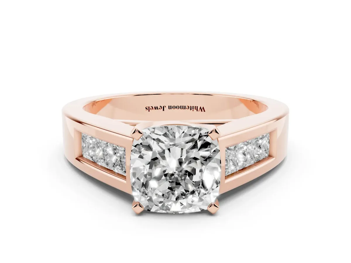 Cushion Cut Cut Channel Set Solitaire Ring with Four-Prong Setting Rose gold