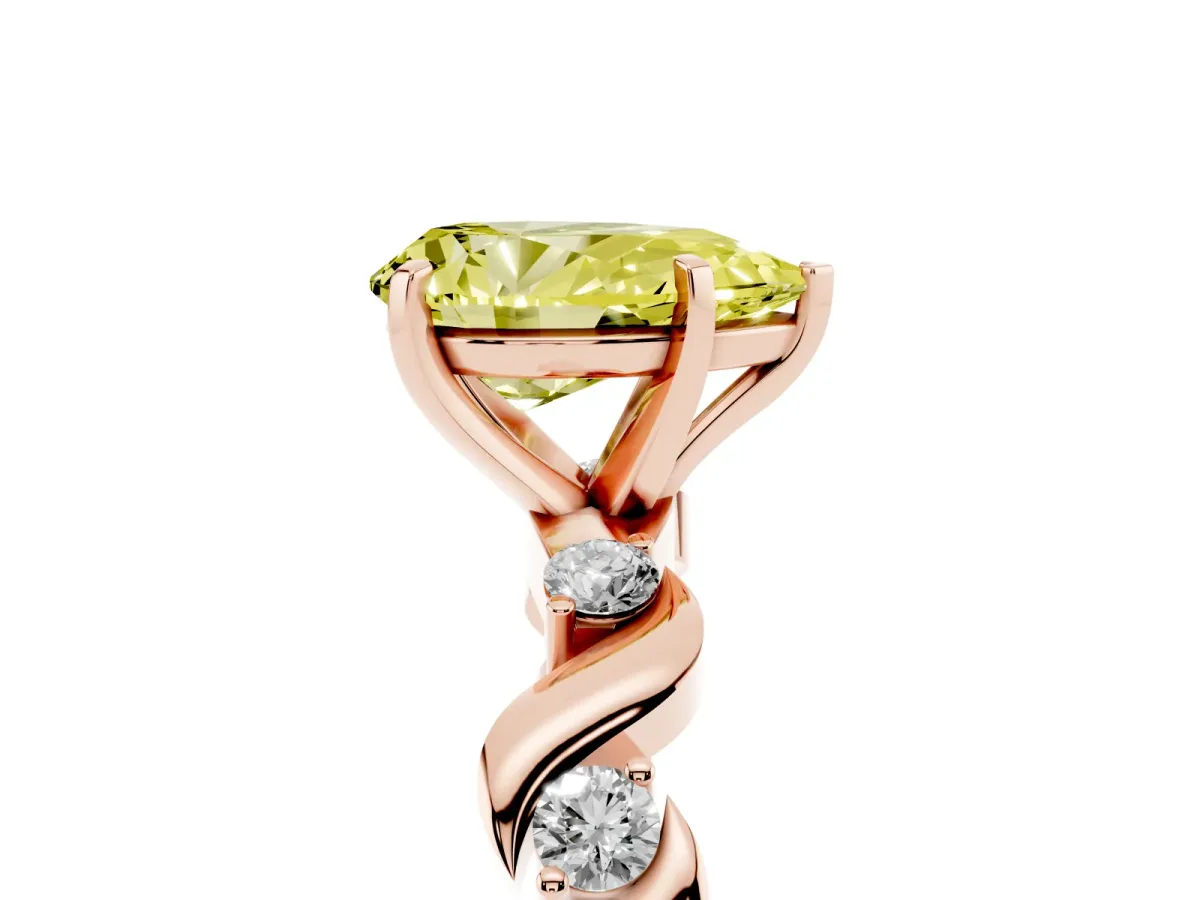 Fancy Yellow Pear Cut Diamond Solitaire Twisted Band with Round Accents and Prong Setting Rose gold