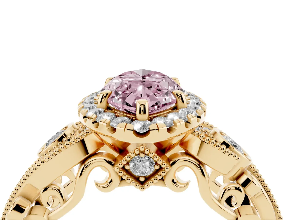Fancy Pink Marquise Cut Halo Diamond Ring with Milgrain and Bezel Accents on a Split Shank Band Yellow gold