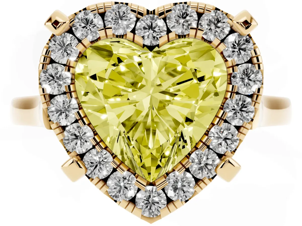 Fancy Yellow Heart Cut Diamond Cluster Halo Solitaire with Four-Prong Setting Yellow gold