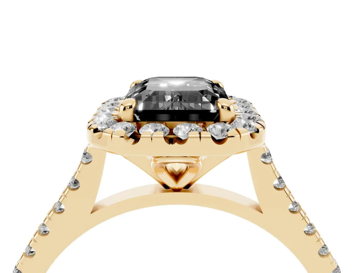 Fancy Black Emerald Cut Diamond Cushion Halo Ring with Pavé Band Yellow gold