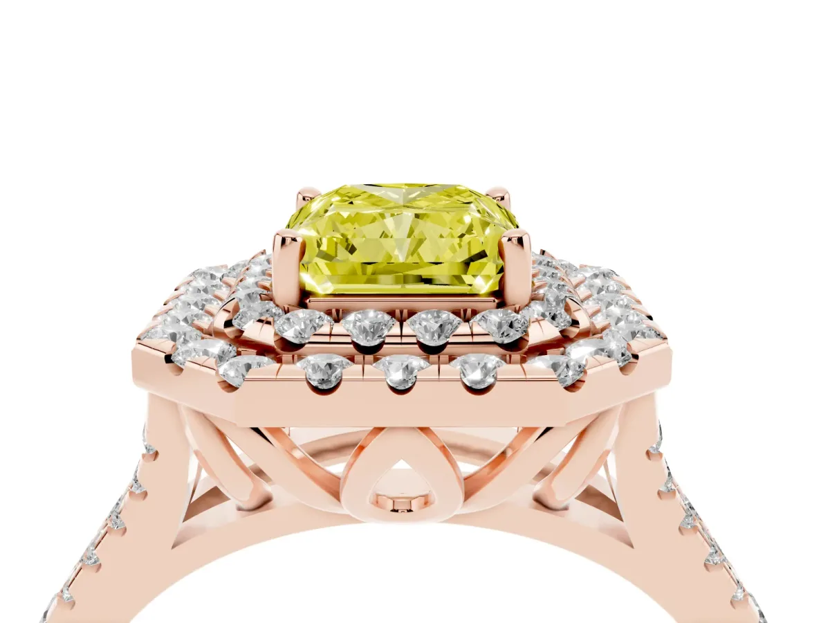 Fancy Yellow Double Halo Radiant Cut Diamond Pavé Split Shank Ring with Prong Setting Rose gold