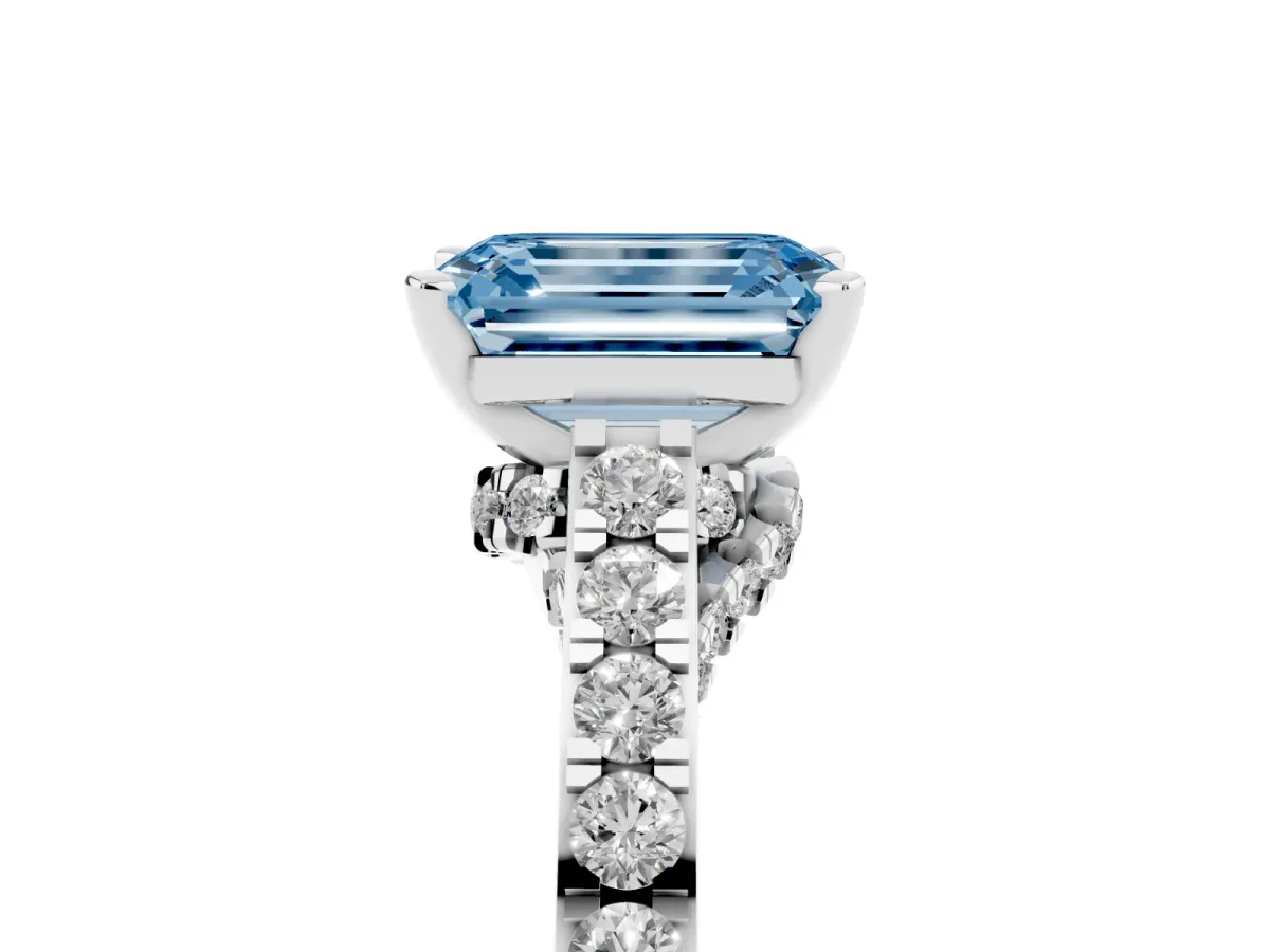 Fancy Blue Emerald Cut Diamond Solitaire Ring with Crossover Gallery and Round Pavé Band Platinum
