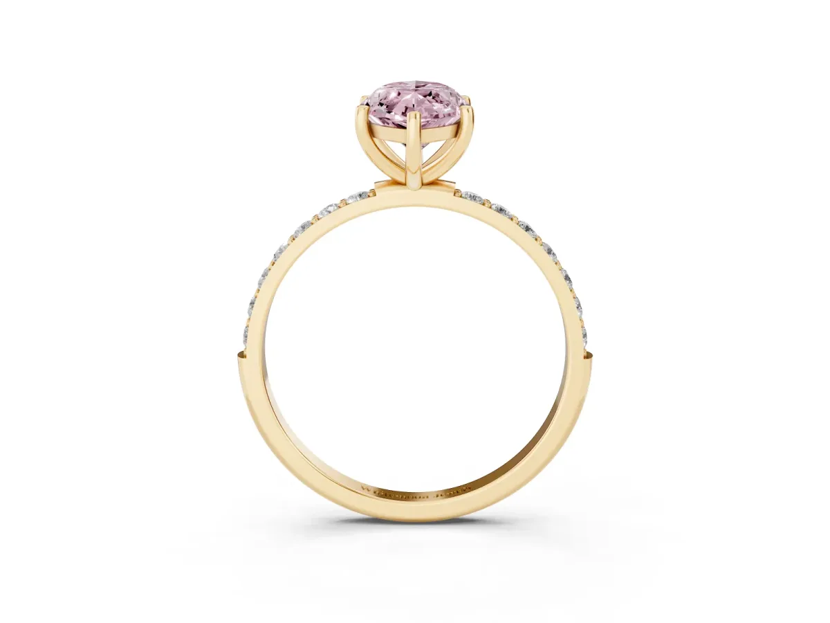 Fancy Pink Marquise Cut Diamond Solitaire Ring with Round Pavé Shoulders and Prong Setting Yellow gold