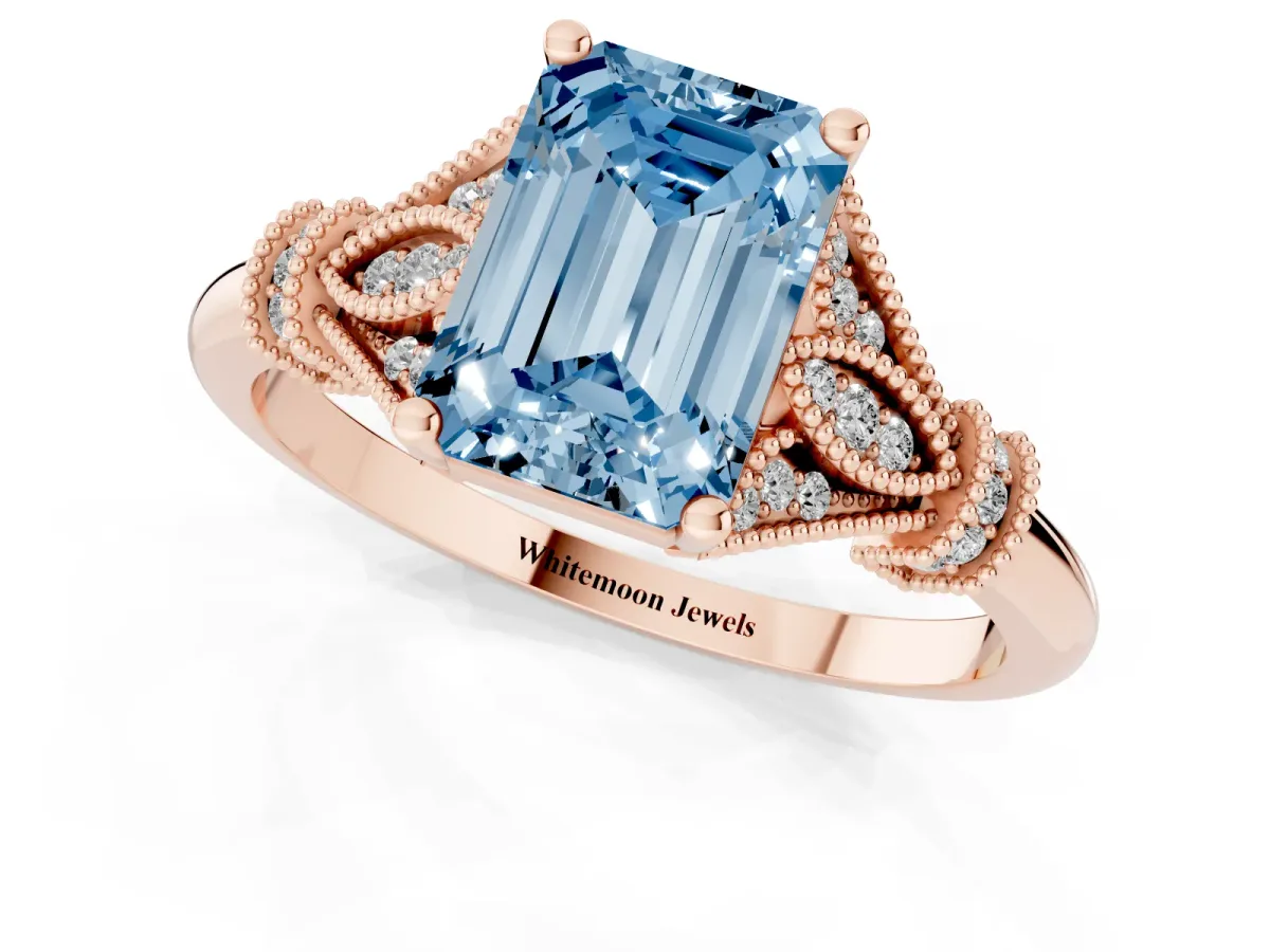 Fancy Blue Emerald Cut Diamond Solitaire Ring with Floral Filigree and Pave Accents Rose gold