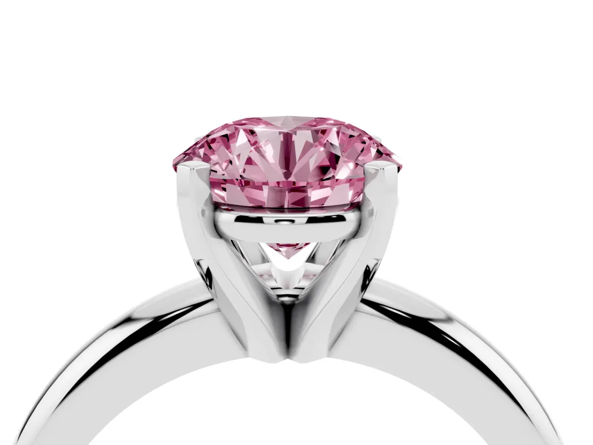 Fancy Pink Round Cut Diamond Solitaire Engagement Ring with Round Band and Four-Prong Setting Platinum
