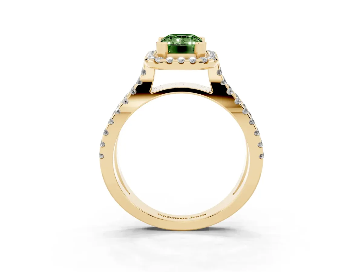 Fancy Green Emerald Cut Diamond Halo Ring with Split Shank Pavé Band and Prong Setting Yellow gold