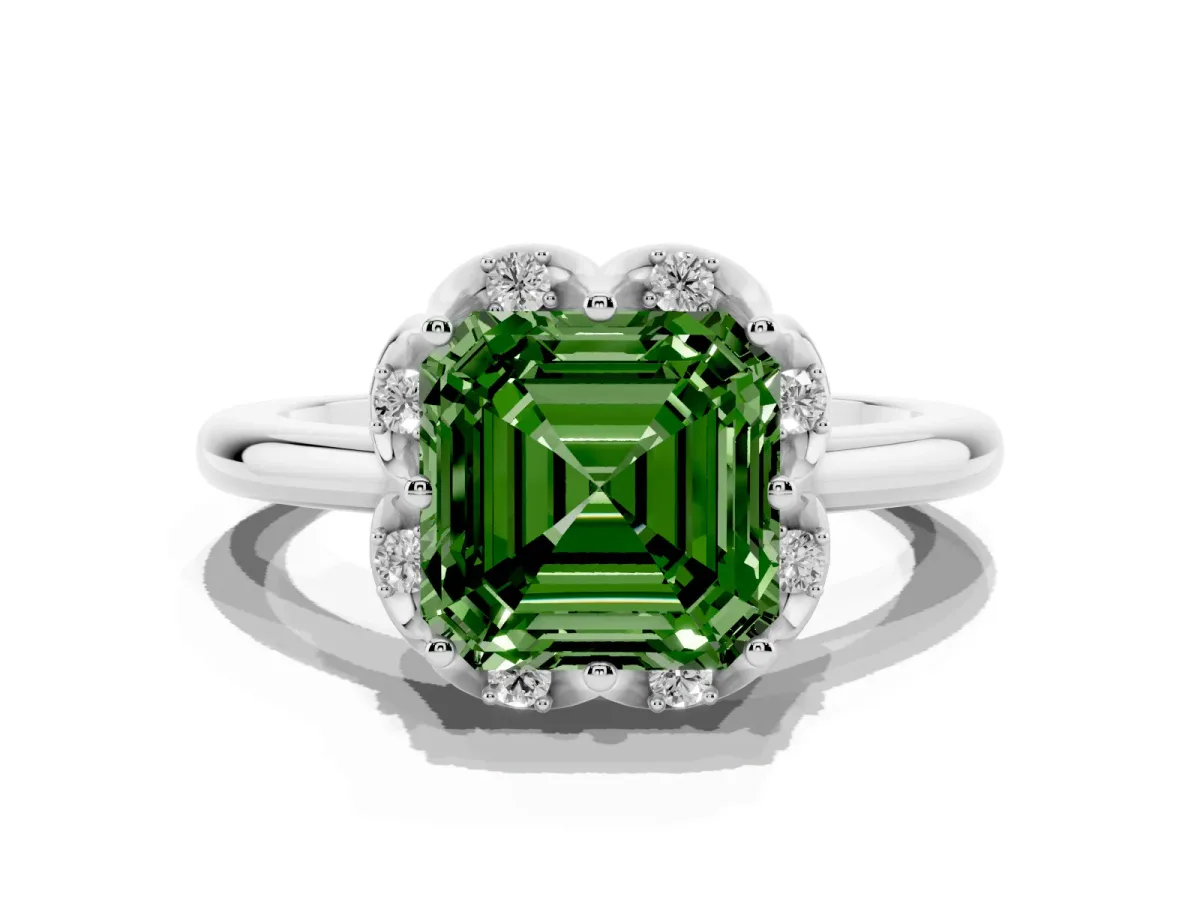 Fancy Green Asscher Cut Halo Diamond Ring with Round Cluster Setting, Solitaire Band, and Four-Prong Setting Platinum