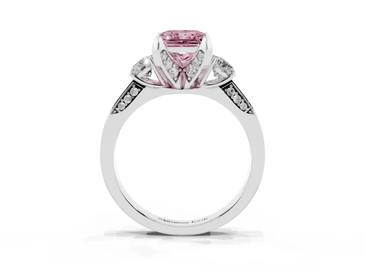 Fancy Pink Princess Cut Brilliant Three-Stone Diamond Ring with Pavé Band and Four-Prong Setting Silver