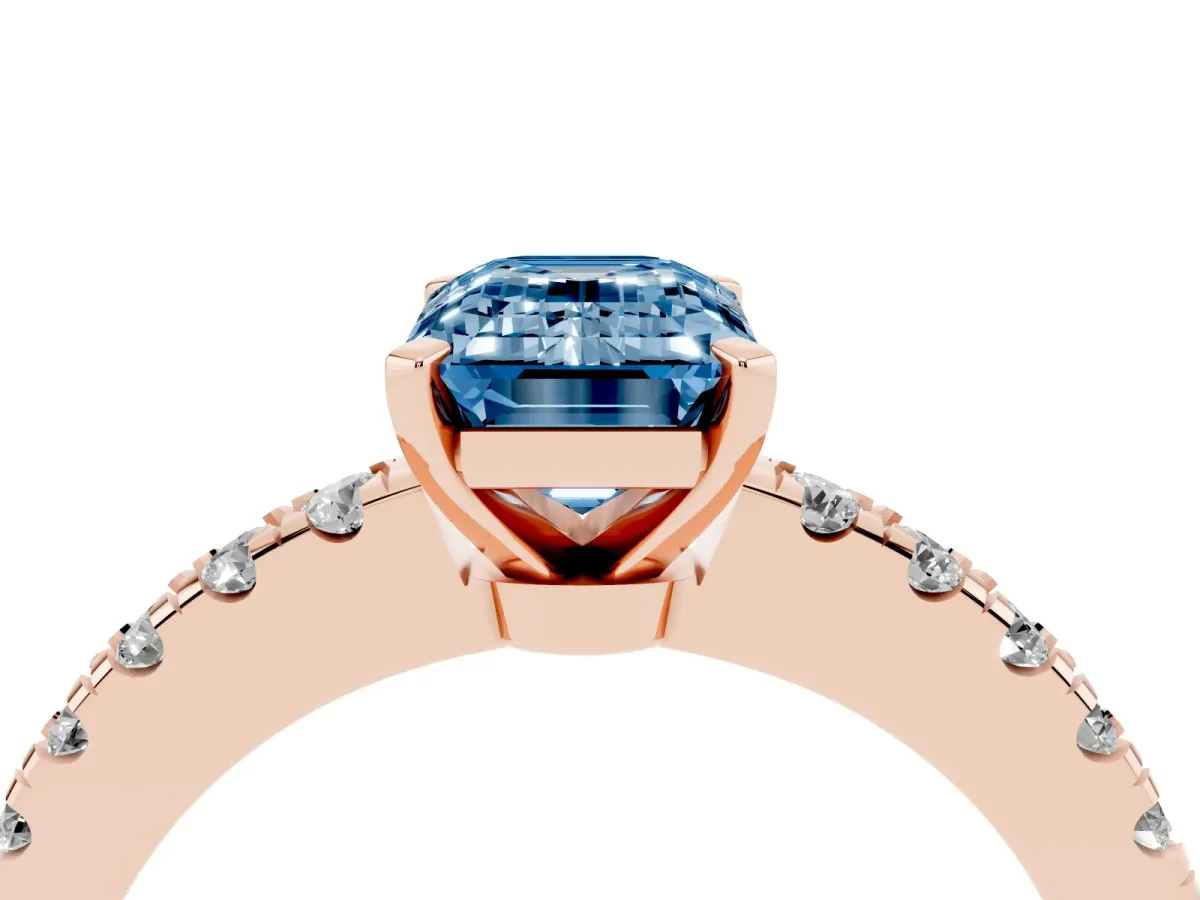 Fancy Blue Emerald Cut Solitaire Diamond with Pavé Band and Four-Prong Setting Rose gold