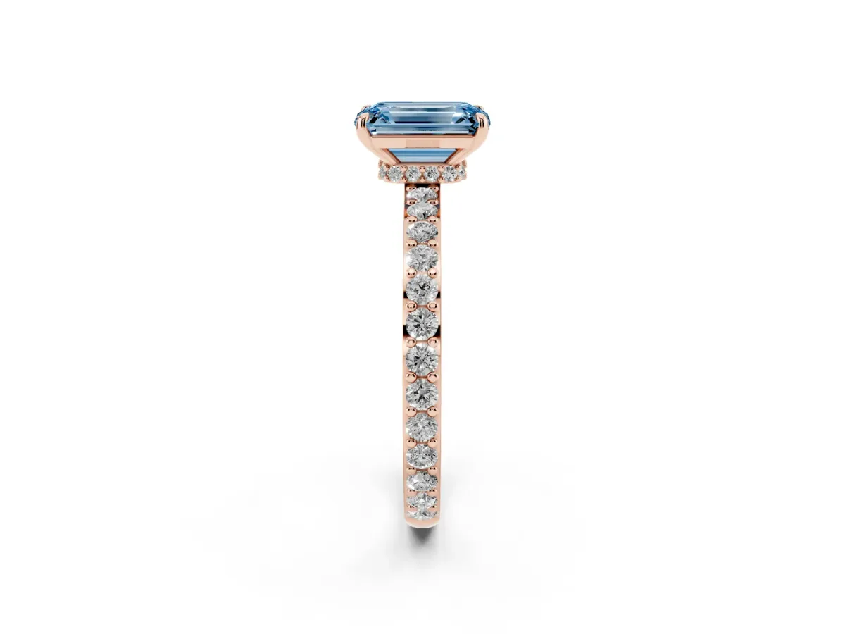 Fancy Blue Emerald Cut Diamond Pavé Engagement Ring with Round Accents and Prong Setting Rose gold