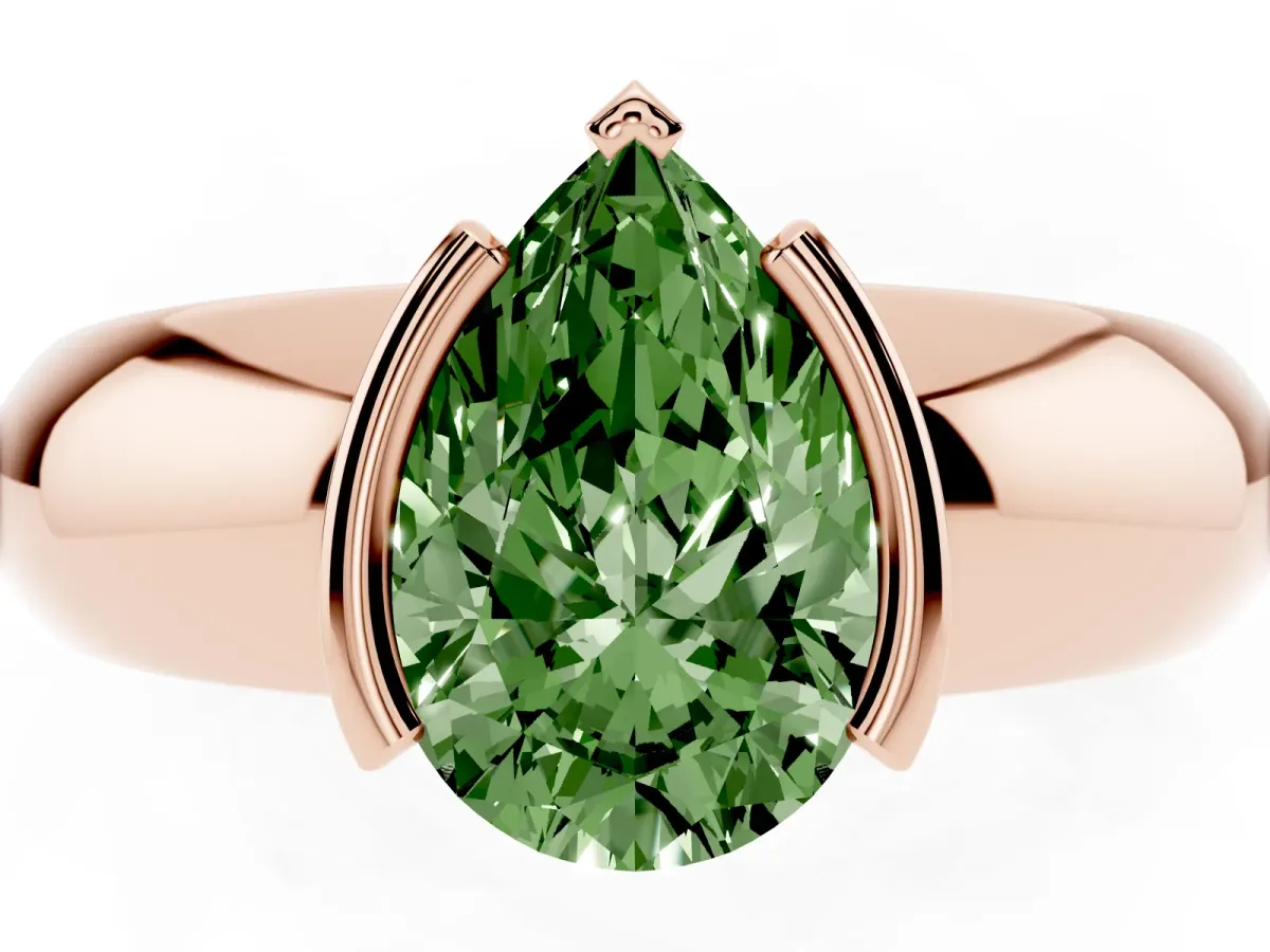 Fancy Green Pear Cut Solitaire Tension Set Diamond Ring with Wide Band Rose gold
