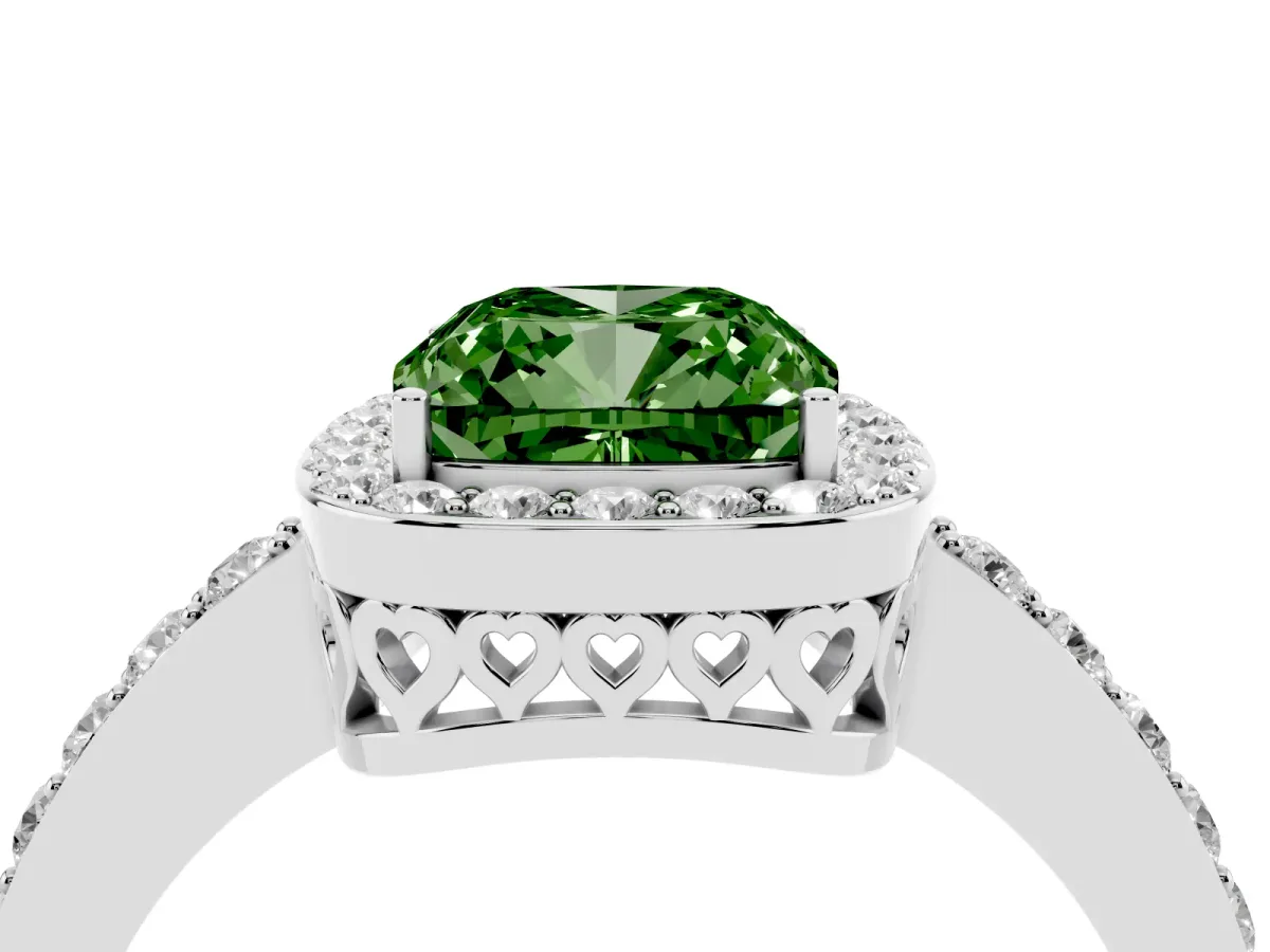 Fancy Green Cushion Cut Halo Diamond Pavé Band Ring with Prong Setting Silver