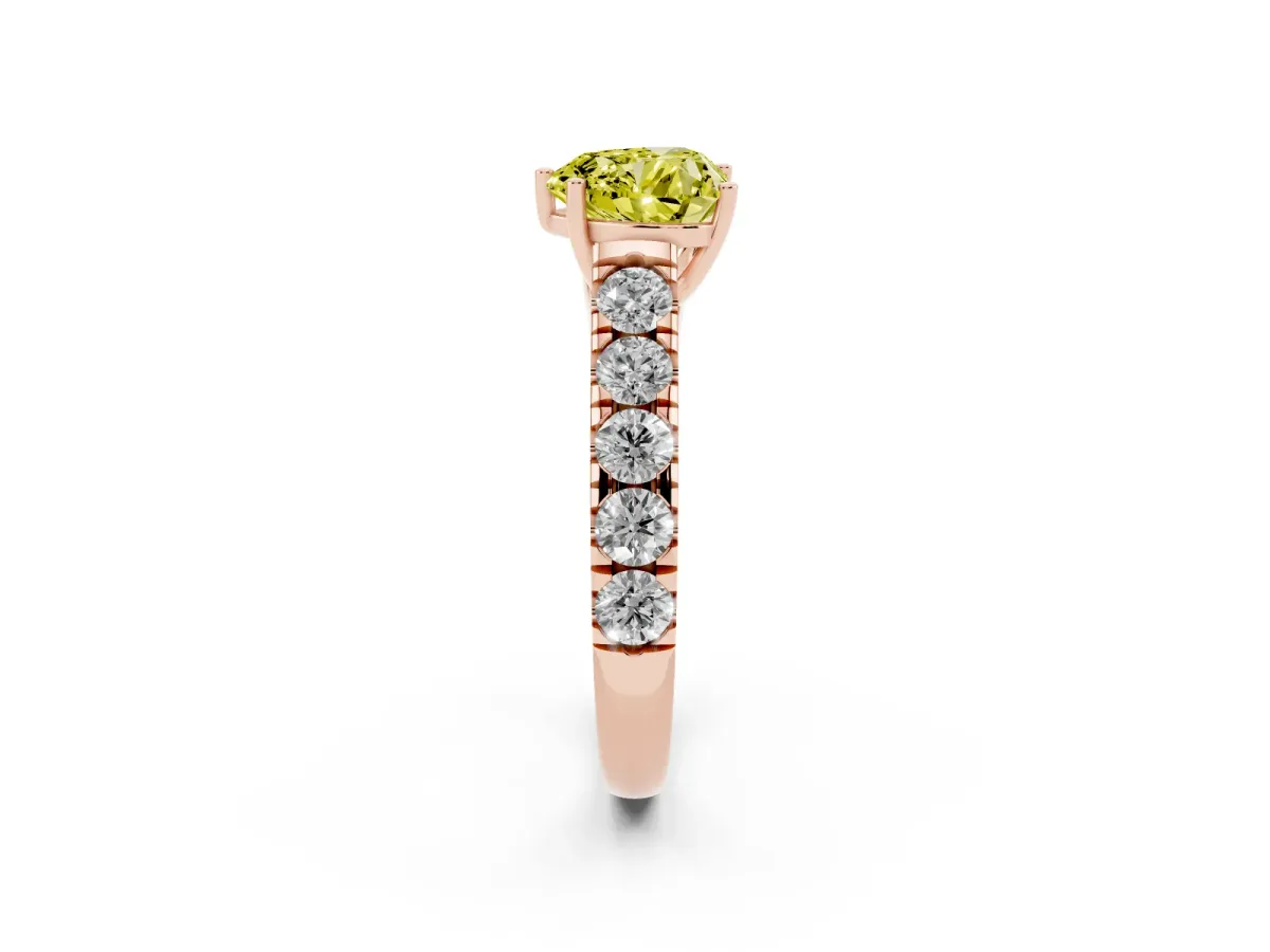 Fancy Yellow Heart Cut Cut Diamond Solitaire Ring with Micro Pave Band and Prong Setting Rose gold