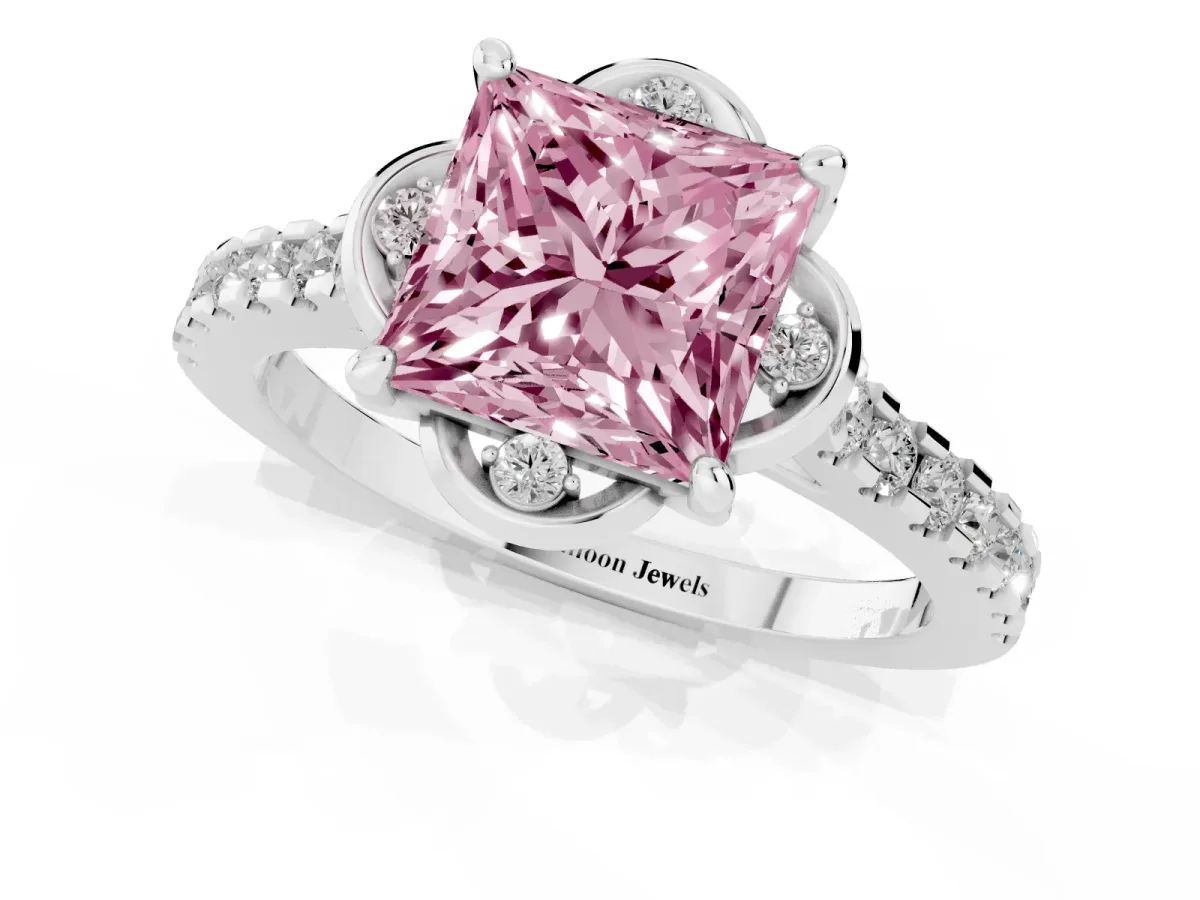 Fancy Pink Princess Cut Diamond Ring with Pavé Band and Floral Prong Setting White gold