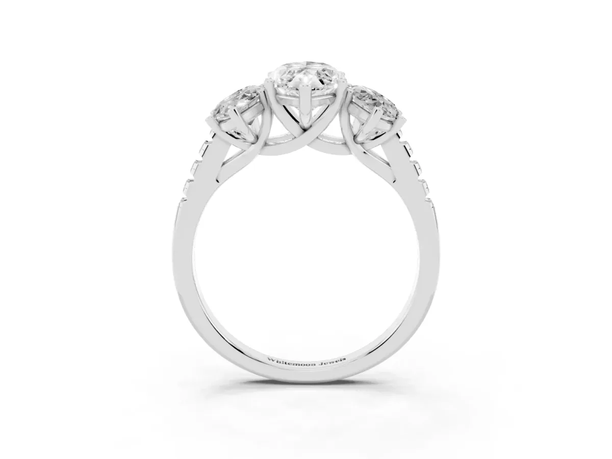 Three-Stone Marquise Cut Diamond Ring with Round Pavé Band and Prong Setting Silver